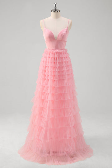 Vestido de fiesta largo de tul con tirantes de espagueti de línea A rosa